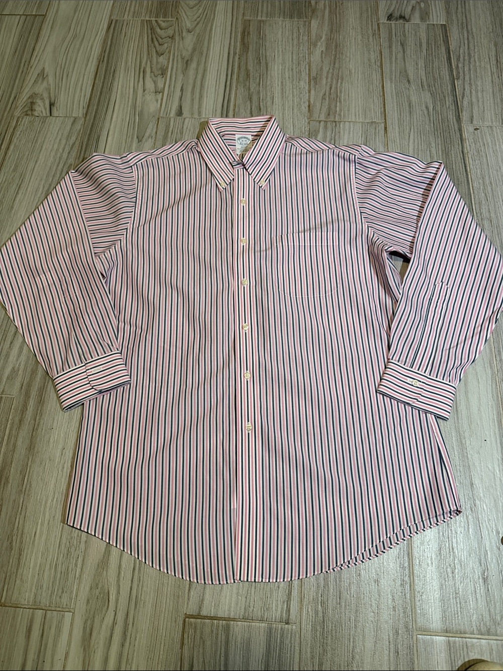 Brooks Brothers Pink and Navy Stripe Button-Down Dress Shirt